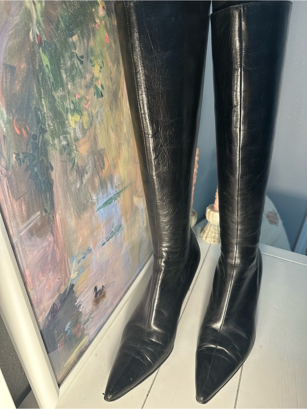 Jimmy Choo Black Leather Pointed-Toe Knee Boots - Picture 2 of 6
